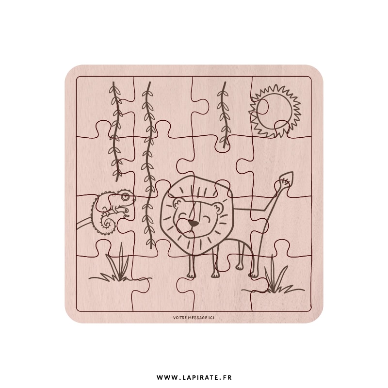 Puzzle bois Savane, Lion personnalisé - 16 ou 25 pièces • Idée cadeau enfant