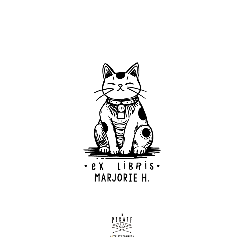 Tampon ex libris Maneki Neko, ex libris chat, porte-bonheur à personnaliser pour vos livres - La Pirate